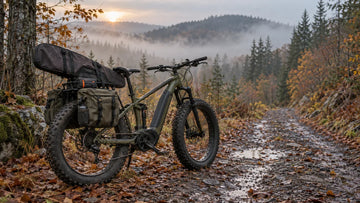 Off-road electric hunting bike with cargo bags on a muddy forest trail