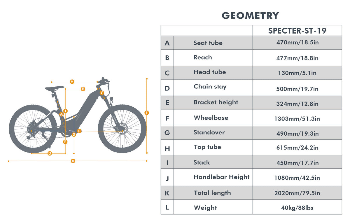 EUNORAU SPECTER-ST frame geometry with labeled measurements